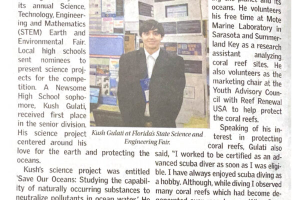 Recognition in Tampa Area’s Osprey Observer Article for 10th grade Science Fair project.